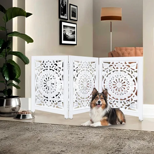 Vista 10 de Lightnpro Valla de madera geométrica para mascotas - Puerta de seguridad plegable independiente para perros, cachorros y mascotas pequeñas, valla