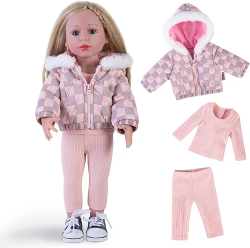Vista 9 de Rakki Dolli Conjunto de ropa de muñeca de 3 piezas. Conjunto de abrigo grueso con capucha a cuadros azules y grises con manga larga, traje de muñeca