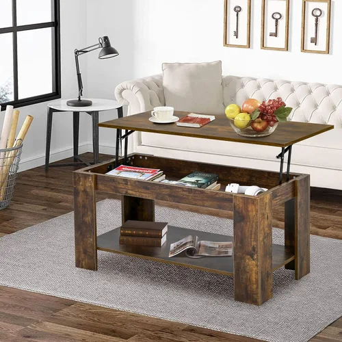 Vista 2 de FDW con compartimento de almacenamiento oculto y estante inferior, mesa de centro con elevador superior para sala de estar (marrón)