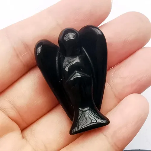 Vista 14 de Estatua de ángel guardián de oración de cristal curativo de labradorita negra natural, 1.5 pulgadas, tallado en bolsillo, figuras de piedra de palma