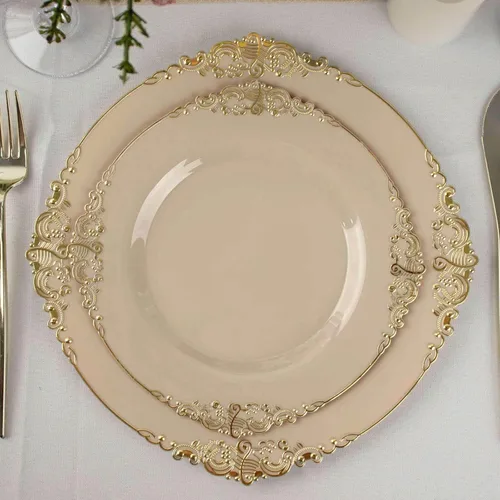 Vista 27 de Efavormart - Paquete de 10 platos de postre barrocos negros y dorados de 8 pulgadas, platos de aperitivo resistentes con borde metálico en relieve