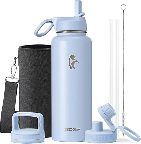 Vista 27 de Coolflask Botella de agua de 20 onzas aislada con pajilla, 3 tapas de metal de acero inoxidable, botella de agua de boca ancha para deportes u
