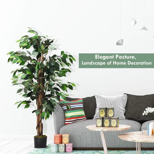 Vista 2 de Goplus Árbol de seda artificial de ficus de 4 pies, árbol falso en maceta con hojas verdes y tronco natural, sin mantenimiento, planta sintética