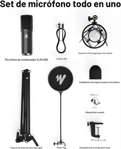 Vista 9 de MAONO Micrófono de condensador XLR/USB: 192kHz/24Bit Plug & Play PC Podcast Kit de micrófono de metal cardioide con software, chipset de sonido