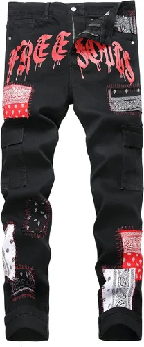 Vista 29 de Baylvn - Pantalones de mezclilla para hombre con diseño patchwork, ajustados y cómodos, estilo motociclista 3132 Camuflaje y azul