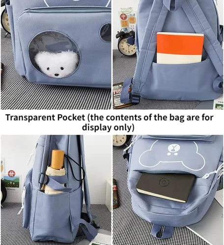 Vista 6 de Mochila de viaje con diseño de oso lindo para mujer, 5 piezas, con colgante kawaii, animé japonés, mochila escolar, Negro