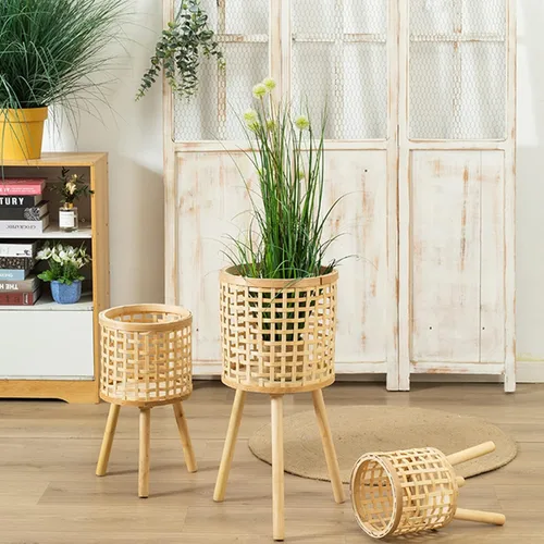 Vista 4 de Soporte tejido de bambú para macetas con patas de madera, cesta de ratán interior, macetas, soporte tejido para plantas de interior, soporte