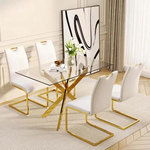 Vista 12 de Juego de mesa de comedor de vidrio de 51 pulgadas para 4 personas con tapa de vidrio templado, color negro Patas de metal negro, sillas de cuero