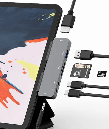 Vista 9 de Adaptador de concentrador USB C para iPad Pro con HDMI 4K, conector de 0.138 in, 2 USB 3.0, PD 60W, datos USB C, ranura para tarjeta SD/TF