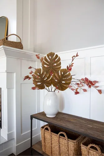 Vista 6 de DILATATA Hojas Artificiales de Monstera con Tallos de 28", Hojas Tropicales de Imitación Otoñales Falsas de Seda Naranja Monstera, Ramas de Palma