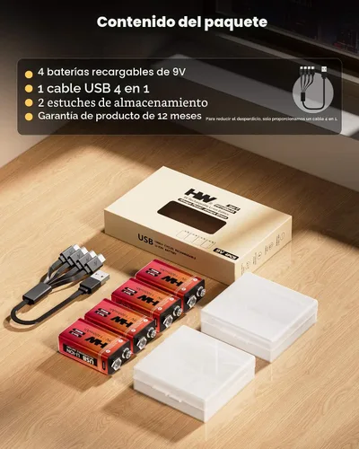 Vista 7 de HW Paquete de 4 baterías de 9 voltios, batería de litio recargable de 1400 mAh de 9 V con cable de carga rápida USB C, baterías cuadradas de más