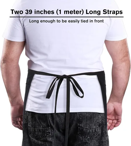 Vista 2 de Jubatus Paquete de 3 delantales de servidor 100% algodón con 3 bolsillos para mujeres y hombres, para camarera de cintura, delantales cortos