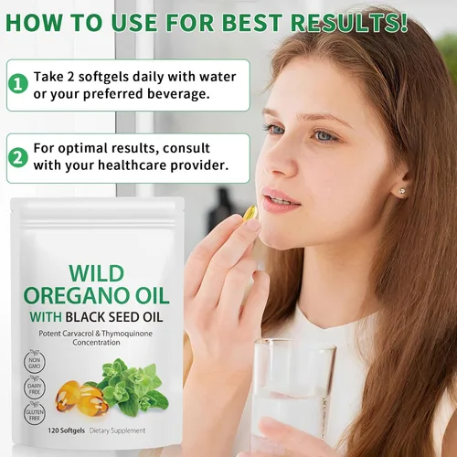 Vista 7 de Cápsulas blandas de aceite de orégano de 6000 mg por porción, 120 unidades 2 en 1 formulado con aceite de semilla negra de 200 mg, antioxidantes