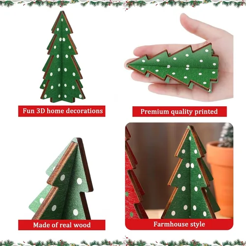 Vista 4 de 3 piezas de decoración de mesa de Navidad, decoración de árbol de Navidad, mesa de madera rústica, centro de mesa de Navidad de madera rústica