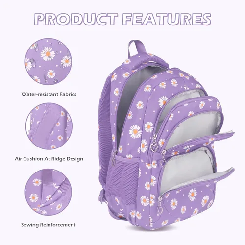 Vista 28 de goldwheat Mochilas impresas margaritas con paquete de almuerzo, estuche de lápices 3pcs, bolsa ligera resistente al agua para la escuela secundaria