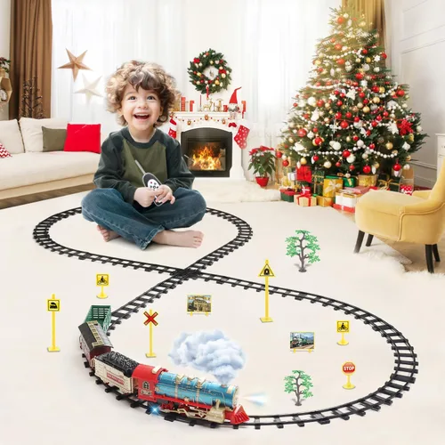 Vista 5 de JQ JUQU Juego de tren de control remoto para niños de 3 a 8 años, tren de juguete eléctrico con vapor, luces y sonidos, incluye 17 pistas y batería