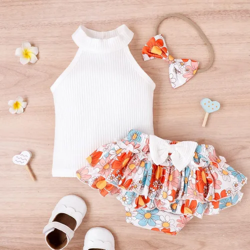 Vista 5 de MLAGJSS Conjunto gráfico de 3 piezas para bebés y niñas, sin mangas, estampado de corazón, camisa + pantalones de moda + diadema