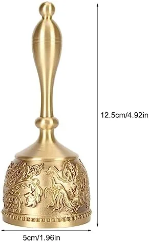 Vista 6 de Campana de mano de latón antiguo de 4.9 pulgadas para recepción de boda, hotel, tono de anillo nítido transparente, aspecto rústico vintage