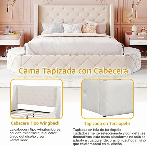 Vista 3 de Bellemave Cama de plataforma tapizada de terciopelo con almacenamiento, marco de cama tamaño Queen con cabecero, 1 cajón grande y 2 taburetes