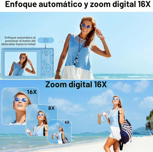 Vista 5 de Cámara digital, cámara digital FHD 4K con tarjeta SD de 64 GB, cámara digital de apuntar y disparar de 44 MP, zoom digital 16X, antivibraciones, 3