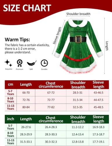 Vista 2 de AOTHSO Conjunto de disfraz de elfo de Navidad para niñas, disfraz de elfo, vestido de terciopelo, sombrero de elfo, cinturón de oreja, calcetines a
