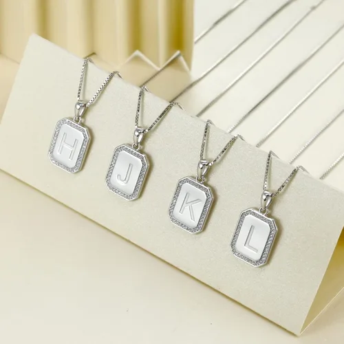 Vista 5 de YL Collar con inicial para mujer, plata de ley 925, colgante rectangular, halo pulido de la A-Z