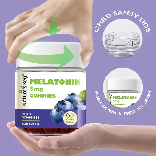 Vista 7 de Nature's Key Gomitas de melatonina para niños y adultos, gomitas de dosis de 5 mg con vitamina B6, sin OMG, sin gluten, sabor natural a arándanos
