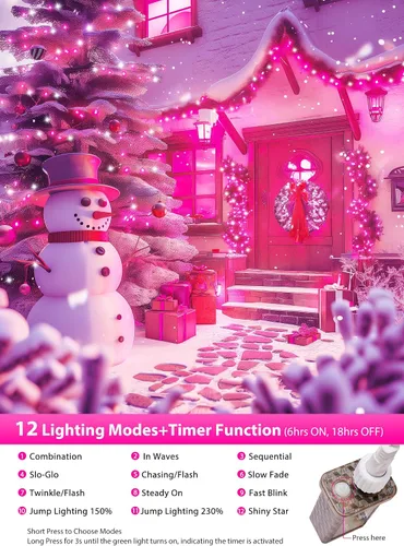 Vista 3 de Minetom Tira de luces de Navidad rosa y blanca, 25 pies, 500 luces LED para exteriores, impermeable, para dormitorio, patio, tapicería, patio