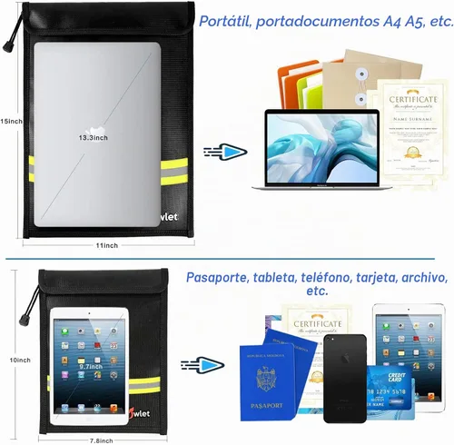 Vista 2 de Bolsa impermeable ignífuga para documentos de dinero, paquete de 2 bolsas seguras con cremallera, bolsa organizadora de almacenamiento resistente al