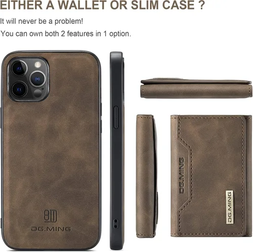Vista 9 de Funda trasera desmontable 2 en 1 compatible con iPhone 12 Pro Max, funda tipo cartera con tarjetero y bolsillo de cuero, fundas delgadas para Café