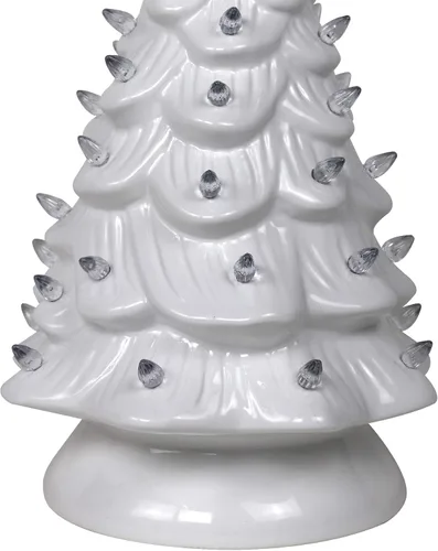 Vista 3 de Árbol de Navidad de cerámica de mesa preiluminado pintado a mano de 15 pulgadas - Decoración navideña con luces blancas - Centro de mesa perfecto