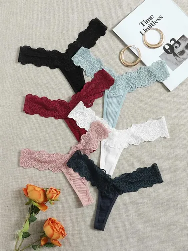 Vista 2 de Verdusa Paquete de 6 tangas elásticas de encaje floral de cintura baja para mujer