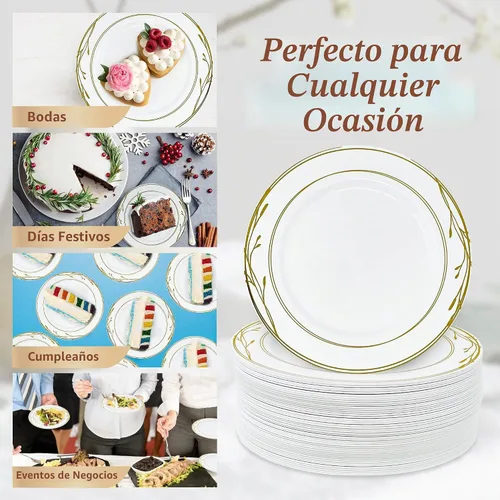 Vista 5 de Reli. Platos de plástico desechables, borde blanco/dorado, 50