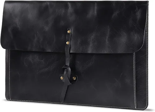 Vista 2 de Londo Funda de cuero de grano real para MacBook Pro y MacBook Air, bolsillo frontal y cierre de solapa, 14 pulgadas - 13 pulgadas