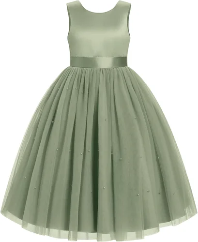 Vista 3 de IBTOM CASTLE Vestido de niña de las flores, vestido de princesa de tul con Verde salvia