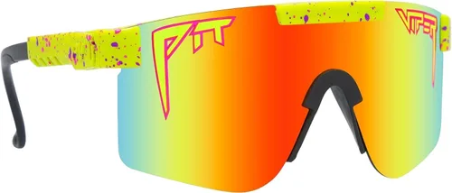 Vista 2 de Pit Viper Las gafas de sol originales de 1993 polarizadas con lentes de arco iris de ajuste estrecho, Yelow con salpicadura rosa y púrpura