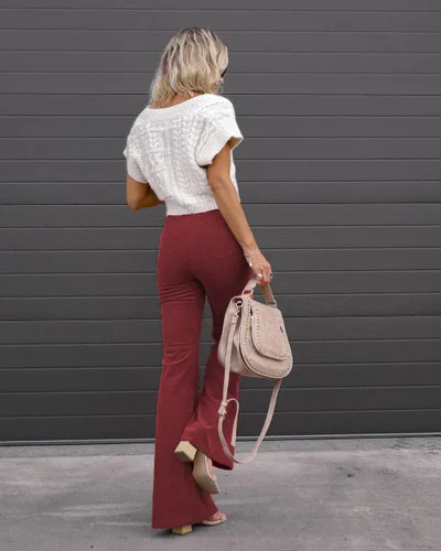 Vista 3 de 2023 - Pantalones acampanados de pana para mujer, cintura alta, cintura elástica, pantalones acampanados con bolsillos, pantalones acampanados