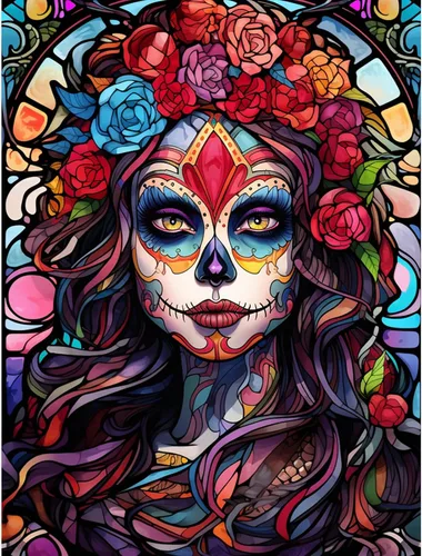 Vista 10 de Pintura de diamantes de calavera de azúcar 5D, kit de numeración, arte del día de la muerte, arte de pared de rosa roja, arte de pared con diamantes