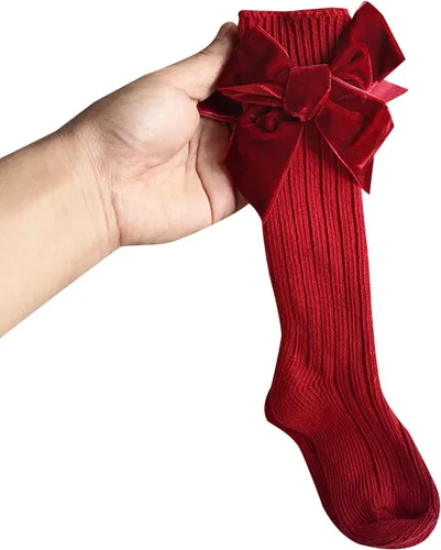 Vista 3 de Kayotuas Calcetines altos hasta la rodilla con lazos, calcetines de uniforme con volantes de tubo largo, calcetines de punto acanalado para bebés