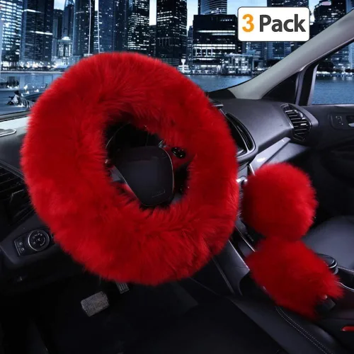 Vista 10 de Funda para volante y para palanca de cambios y freno de mano de automóvil por Younglingn, 1 set de 3 unidades multicolor con lana sintética, de moda