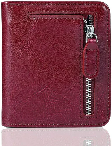 Vista 18 de Funtor Cartera de cuero para mujer, pequeña y compacta, con bolsillo doble, bloqueo RFID, para mujer