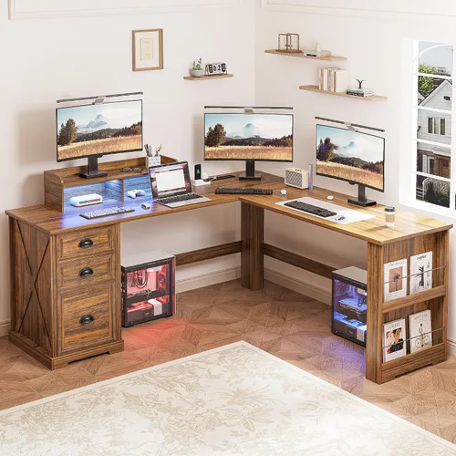 Vista 11 de FREDEES Escritorio en forma de L con soporte móvil y luces LED, escritorio de 59 pulgadas estilo granja para oficina en casa con cajón para Negro