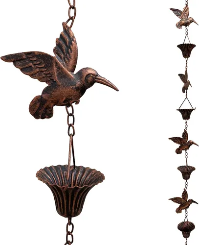 Vista 12 de Cadena de lluvia de 8.5 pies, colibrí y cadenas de lluvia para canaletas y bajantes verde pájaro