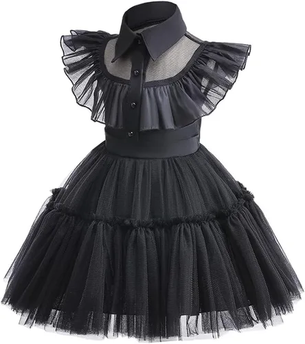 Vista 4 de Hulaha Wednesday Addams - Vestido de Halloween para niñas, disfraz de Halloween, fiesta de cosplay, vestido negro de Addams