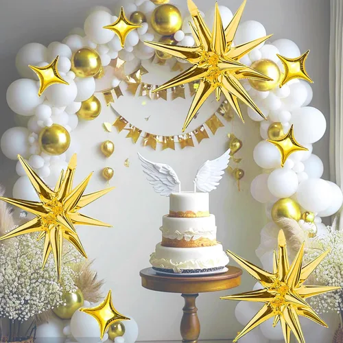 Vista 5 de 6 globos de aluminio de 22 pulgadas y 10 globos de aluminio de 10 pulgadas con estrella - Dorado, globos de estrella de 12 puntas y 4 puntas para 16