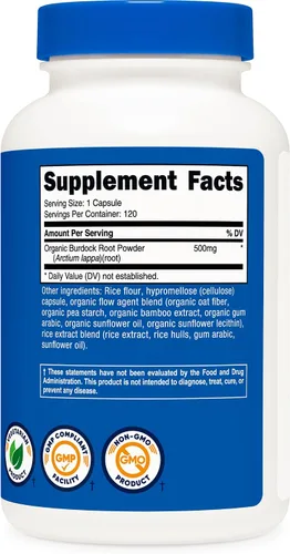 Vista 5 de Nutricost Raíz de bardana 500 mg, 120 cápsulas - Sin gluten, sin OMG, apto para vegetarianos