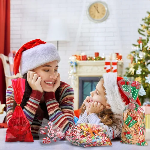 Vista 5 de 120 bolsas de regalo de Navidad, bolsas de celofán de Navidad, bolsas de dulces, bolsas de golosinas con 200 lazos giratorios para fiestas