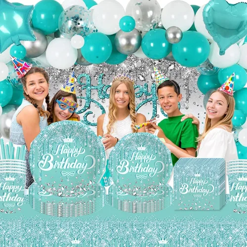 Vista 4 de Vajilla de fiesta verde azulado y plateado, paquete completo para cumpleaños, fiesta de baby shower, incluye platos, vasos, servilletas, pajitas