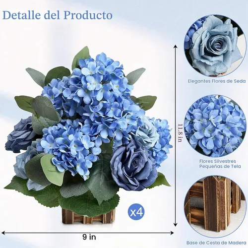 Vista 2 de Flores artificiales de pie libre de 11.8 pulgadas de alto, 4 Azul empolvado