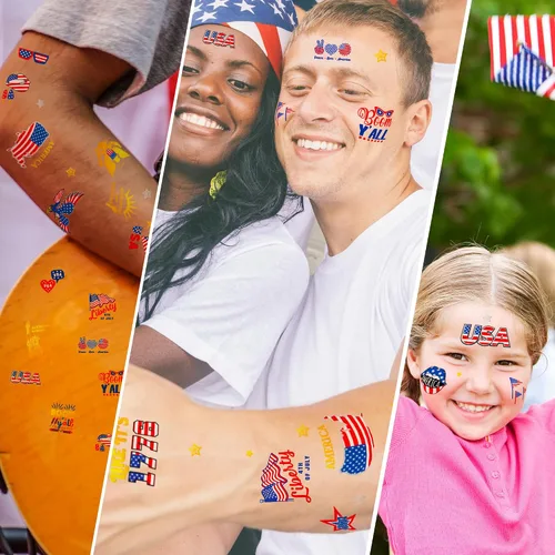 Vista 7 de 64 PIEZAS 4 Hojas Juego de Tatuajes Temporales del 4 de Julio, Decoraciones Patrióticas para Fiestas de Cara y Cuerpo, Calcomanías de Tatuajes